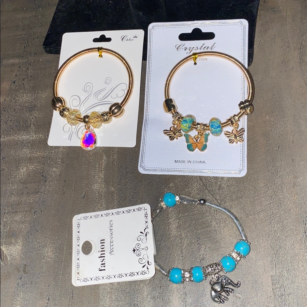 3 pc Gold and Turquoise Charm Bracelets Set